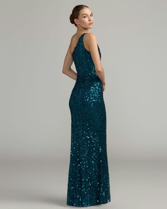Robe de soirée élégante bleu sarcelle asymétrique à sequins, coupe fourreau, longueur ras du sol, 100% polyester satiné, effet illusion, infroissable - Product Image 5