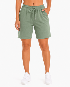 Shorts pour homme en mélange de coton et de spandex vert uni avec cordon de serrage et poches, style bermuda décontracté, tricoté, séchage rapide, imperméable - Product Image 3