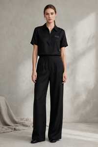 Women's Black Short Sleeve Zip Polo <b>Top</b> <b>and</b> Wide Leg Pants <b>2</b> <b>Piece</b> Long <b>Set</b> - Product Image 5