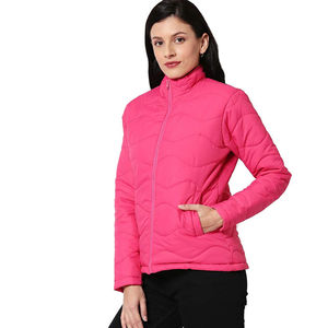 Pink Quilted <b>Jacket</b> Stand Collar Zipper Closure Windproof Winter Coat Casual Style Polyester Wadding Slim Fit Regular Length - Product Image 1