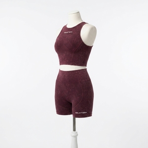 Women Burgundy Acid Wash Yoga Set Sleeveless <b>Crop</b> Tank <b>Top</b> High Waist Biker <b>Shorts</b> Gym Fitness Workout Activewear - Product Image 2