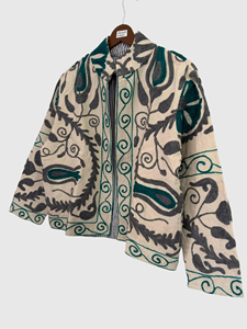 Blouson en coton tissé pour femme, brodé à la main, col mandarin floral, manches longues, grande taille, vêtement d'automne - Product Image 3