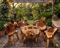 Ensemble de salle à manger d'extérieur en bois de teck naturel, table et chaises de patio en bois massif à bord vif, mobilier rustique de forme libre, luxe