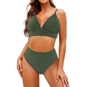 Women's Two Piece <b>Bikini</b> <b>Set</b> Deep V Neck High Waist Solid <b>Green</b> Swimwear Stretch Spandex Polyester - Product Image 1