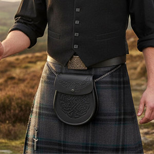 Double Embossed Vegan Sporran Faux Leather <b>Pouch</b> with Tassels Scottish Kilt Sporran with Chain Belt for <b>Men</b> - Product Image 6