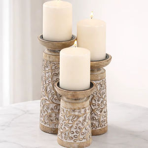 Juego de Portavelas de Madera Tallada, Portavelas de Pilar Rústico, Juego de 3 Portavelas de Estilo Rústico para Decoración del Hogar - Product Image 1