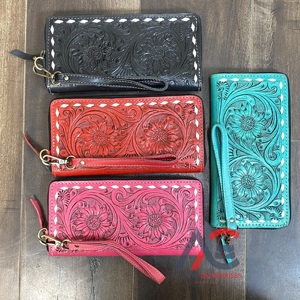 Wholesale Custom Tooled Floral Genuine Leather Pink Zipper Wallet Western Style New Fashion Card Holder Clutch <b>Purse</b> For Women - Product Image 1