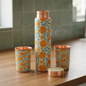 Bouteille d'eau en cuivre pur au design floral contemporain avec couvercle en cuivre, écologique, grande capacité, bouteille de voyage portable - Product Image 4