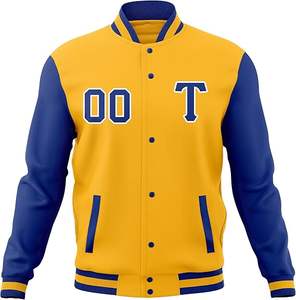 Chaquetas de Béisbol al por Mayor, Unisex, Talla Grande, Amarillas y Azules, Chaqueta Casual con Cuello de Béisbol, con Logotipo, Nombre y Número Personalizados - Product Image 2