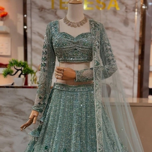Lehenga Choli Verde Mar para Novia, con Bordado Intenso, Tela Suave de Secado Rápido para Invierno/Verano, Diseño de Alta Costura para Bodas y Fiestas, Ropa de Recepción para Mujer - Product Image 3