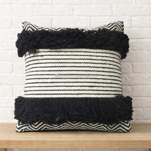Black White Boho Cushion Cover with Fine Stripe & Fringe Detail, Decorative Woven <b>Throw</b> <b>Pillow</b>, Premium Moroccan Style Bohemian - Product Image 4