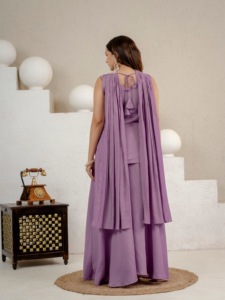 Ensemble de vêtements ethniques régionaux en soie romaine avec broderie de sequins de 5 mm, comprenant un haut, un sharara, un palazzo et un dupatta (MW 5071) - Product Image 6