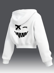 Women White Hooded <b>Crop</b> Sweatshirt Full Sleeve Knitted Zipper-<b>Up</b> Color Blocking Breathable Winter Streetwear 100% Cotton Casual - Product Image 2