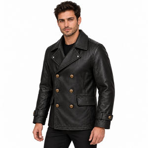 Veste en cuir vintage pour homme, best-seller, style bomber, double boutonnage, revers crantés, boutons sur le devant et poches à rabat, Canleo - Product Image 3