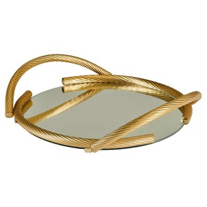 Plateau décoratif rond moderne avec design en corde plaquée or, artisanat métallique abstrait pour utilisation sur table, emballage en une seule pièce - Product Image 1