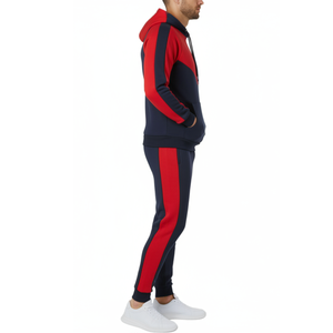 Ensemble de survêtement homme bleu marine et rouge très demandé - Sweat à capuche Chevron V-Shape color block avec pantalon de haute qualité - Product Image 3
