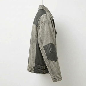 Acid Wash <b>Grey</b> Biker <b>Coat</b> Leather Patchwork Asymmetric Zip Outerwear Streetwear <b>Mens</b> Vintage Denim Motorcycle Jacket - Product Image 3