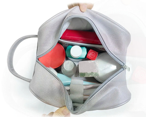 Silver Textile Cosmetic Bag Medium Size Zipper Closure Soft Handle Portable Travel Toiletries <b>Case</b> <b>Organizer</b> Simple Style - Product Image 6