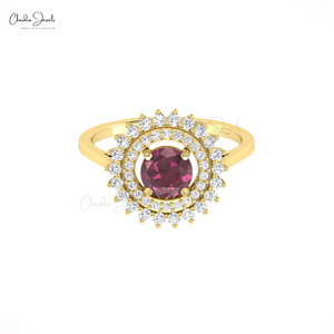 Wholesale Supplier 14k Solid <b>Gold</b> Natural 0.74 Ct Round Cut Rhodolite Garnet <b>Cocktail</b> <b>Ring</b> with Pave Diamond Halo <b>Ring</b> - Product Image 3