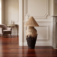 Lampadaire en céramique méditerranéenne Gajayana 45x45x100CM, abat-jour conique beige en raphia plissé, LED, base E27, DIY, panier de rangement minimaliste pour la maison
