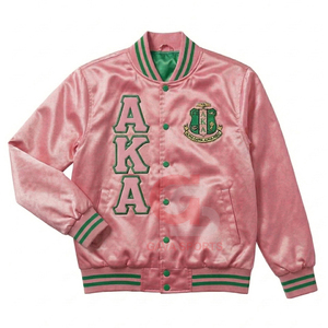 Chaqueta bomber rosa transpirable para mujer, estilo griego AKA, personalizada de satén y chaqueta corta de satén con bordado de punto para mujer - Product Image 1