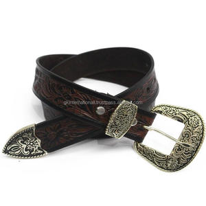 เข็มขัดหนังลายนูนแบบหนาสีน้ำตาลแดงใช้เครื่องมือออกแบบลายดอกไม้โบราณหัวเข็มขัดแบบตะวันตกและปลายโลหะออกแบบได้ตามต้องการ - Product Image 1