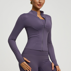 Women Full Length Sleeve <b>Yoga</b> <b>Jacket</b> Quarter Zip Solid Color Breathable Spandex Polyester Seamless High Waist Design - Product Image 6