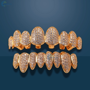 Grillz Hip Hop en or jaune massif 10K, sertis de diamants de laboratoire VVS1, 8 dents supérieures et 8 dents inférieures, pour elle - Product Image 1