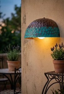 Outdoor Copper <b>Wall</b> <b>Sconce</b> <b>Light</b> with Green Patina Round Design Mediterranean Style Waterproof for Living Room - Product Image 2