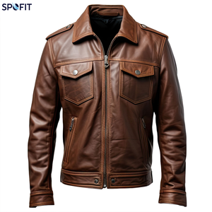 Blouson de motard rétro décontracté pour homme en cuir PU marron, imperméable, avec bretelles et col rabattable, multi-poches - Product Image 1