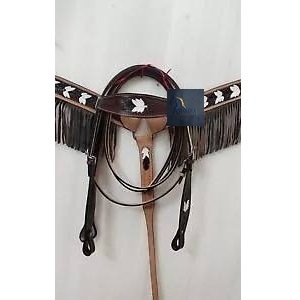 Ensemble de têtière et de collier de poitrail pour cheval en cuir marron Western avec longue frange et incrustation d'flèche blanche, équipement d'équitation - Product Image 3