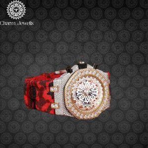 Montre de luxe Charm_Jewells en acier inoxydable, boîtier rond de 42 mm, cadran creux incrusté de diamants, mouvement à quartz analogique, unisexe - Product Image 1