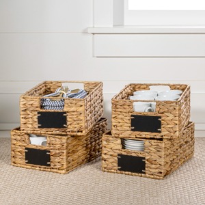 Rustic Wood Console Table with Metal Frame and Woven Baskets for Storage and Decorative <b>Display</b> - Product Image 3