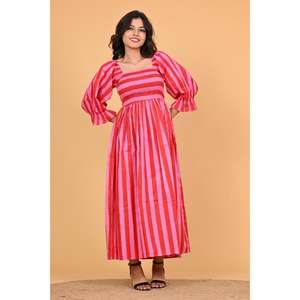 Robe maxi bohème rose rayée 100% coton écologique pour femmes, à manches bouffantes longues, pour les soirées d'été, faite à la main en Inde - Product Image 3
