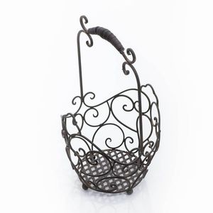 Panier de rangement en fil métallique brun foncé avec décorations ajourées et poignée enveloppée, vente en gros directe usine OEM ODM, fil de fer robuste - Product Image 1