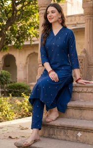 Ensemble Kurta et pantalon ethnique rose pour femme en viscose avec imprimé petites feuilles d'or, longueur genou, coupe droite, tenue décontractée ou de bureau - Product Image 6