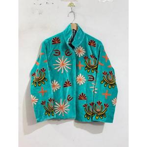 Unique Design Hand Embroidered Floral Pattern Full Sleeve Autumn <b>Women's</b> Coat Turquoise <b>Velvet</b> Mandarin Collar <b>Jacket</b> - Product Image 1