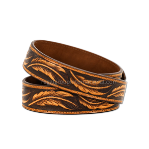 Wholesale Vintage Western Leather <b>Belt</b> for Men Women Dark Brown Cowboy <b>Belt</b> with Hand Tooled Feather Design <b>Silver</b> <b>Buckle</b> - Product Image 2
