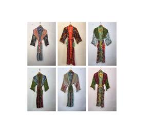 Robe kimono en soie patchwork, veste bohème, paréo de plage d'été avec col en V et fermeture à cordon, tissu respirant - Product Image 1