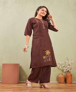 FANCY SLUB COTTON EMBROIDERY WORK CO-ORD SET DAILY WEAR WHOLESALE PRICE ETHNIC GARMENT COFFEE - Product Image 3
