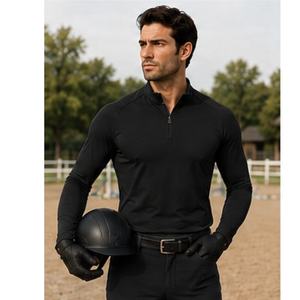 Chemise d'équitation pour homme à manches longues, imprimée, noire, avec fermeture éclair sur le devant, tricotée, performante, style décontracté chic - Product Image 2