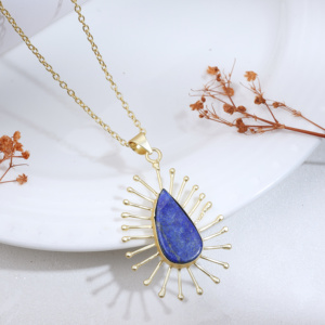 Luxury Gold Plated Brass Water Drop Link Chain <b>Necklace</b> with Natural Lapis Aura Stone Freshwater Pearl Women Elegant <b>Statement</b> - Product Image 2