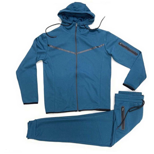 Men's Blue Full <b>Zip</b> <b>Hooded</b> Tracksuit Set Casual Sportswear With Side Pockets Breathable Polyester Jogging Workout Suit - Product Image 4