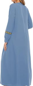 Women Blue Solid Color Cotton Breathable Abaya Long Sleeve Neck Floor Length Modest Dress Embroidery Details Plus Black Scarf - Product Image 4