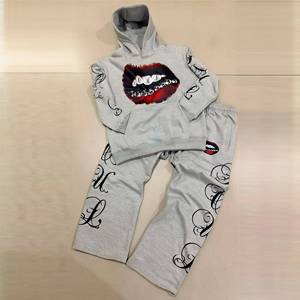 Men's Grey Graphic Hoodie Tracksuit <b>Set</b> Wide Leg Pants Custom Streetwear Embroidered Design <b>Matching</b> <b>Jogger</b> <b>Set</b> Manufacturer - Product Image 1