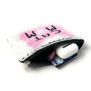 Porte-monnaie artisanal en perles naturelles avec fermeture éclair, grande capacité et durable, cadeau pour femme, motif chat et pompon - Product Image 2