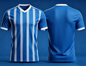 Maillot de football unisexe personnalisé bleu rayé, col en V, manches courtes, anti-humidité, imprimé par sublimation, polyester 320g, tenue d'équipe OEM - Product Image 1
