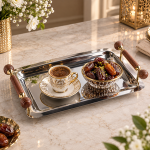 <b>Mirror</b> Finish Stainless Steel Serving Tray with <b>Wooden</b> Grip Handles | Rectangular Platter for Tea Snacks Desserts Party and Home - Product Image 2