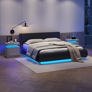 Modern Grey Gold <b>LED</b> Nightstand with 2 Drawers <b>Bedside</b> <b>Table</b> Cabinet Lights for Bedroom - Product Image 5