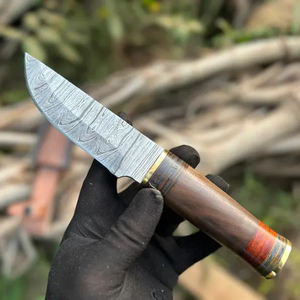 Couteau artisanal en acier Damas avec manche en bois et en acier, étui en cuir, couteau d'extérieur et de camping - Product Image 3